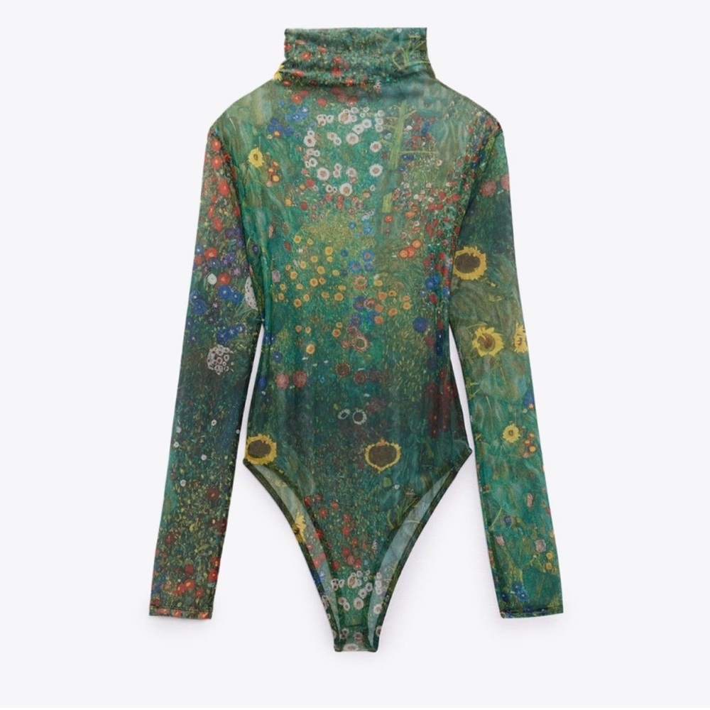 Zara sheer bodysuit Gustav Klimt Multicolor Floral farm garden with sunflowers